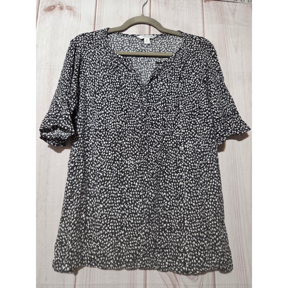 Croft & Barrow Womens Black White Pebble Print V-Neck Flutter Sleeve Blouse M
